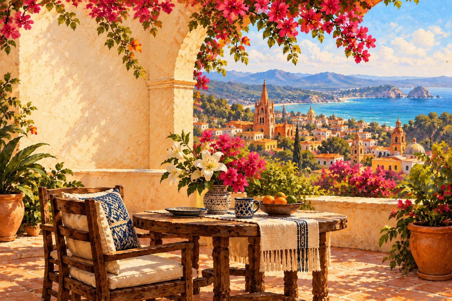 Oil-style illustration of a Mexican terrace overlooking a coastal town